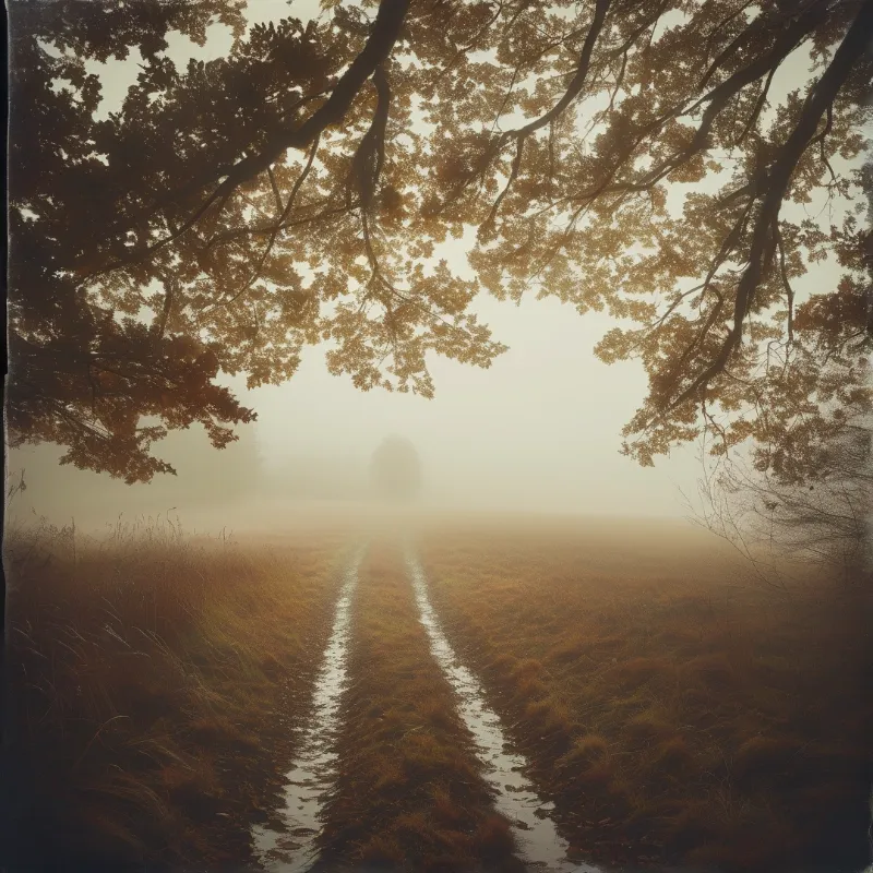 A wet path winds through golden grass under a canopy of autumn branches in soft fog