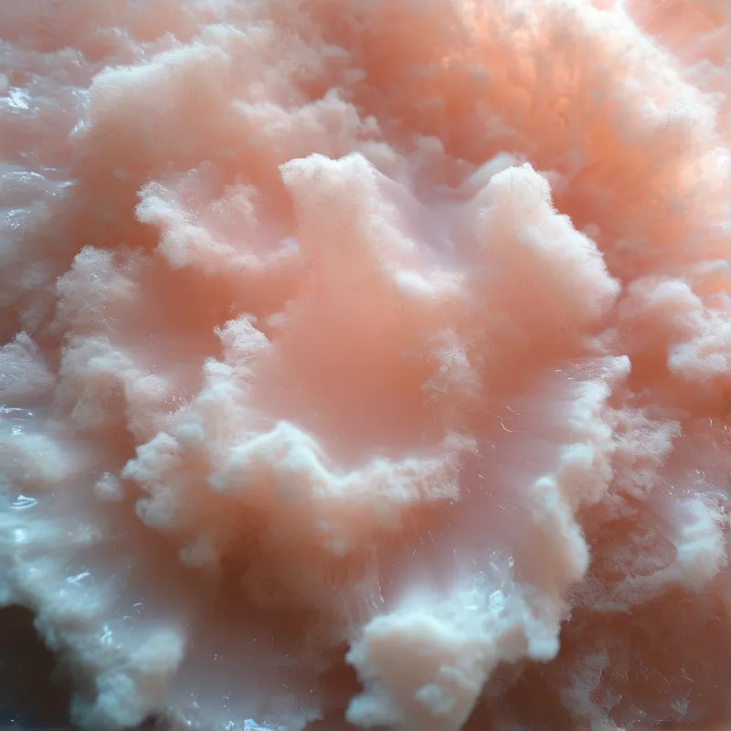 A close-up view of fluffy pink cotton candy shows detailed fibrous strands glowing with warm orange and white tones.