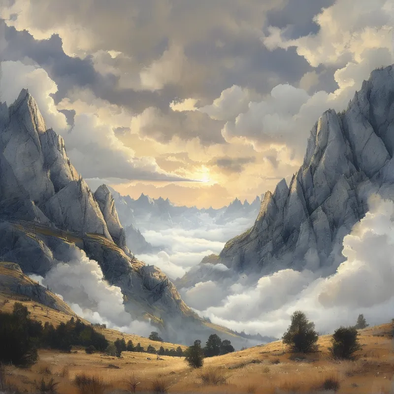 Rugged mountain peaks emerge from a valley of clouds bathed in warm sunlight filtering through the heavy atmosphere.