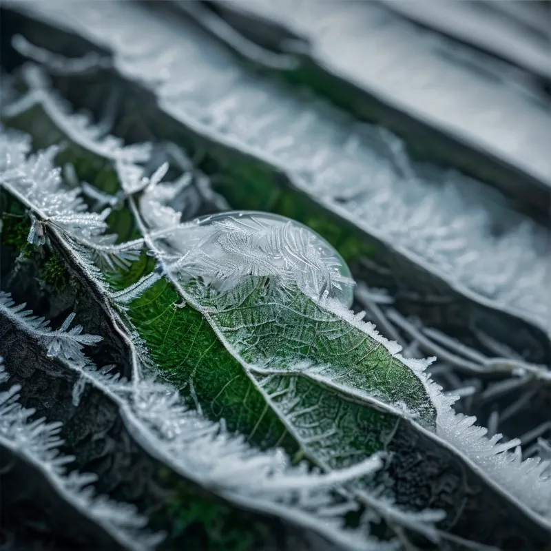 A close-up view of a dark green leaf edged with white ice crystals and topped by a large transparent sphere.