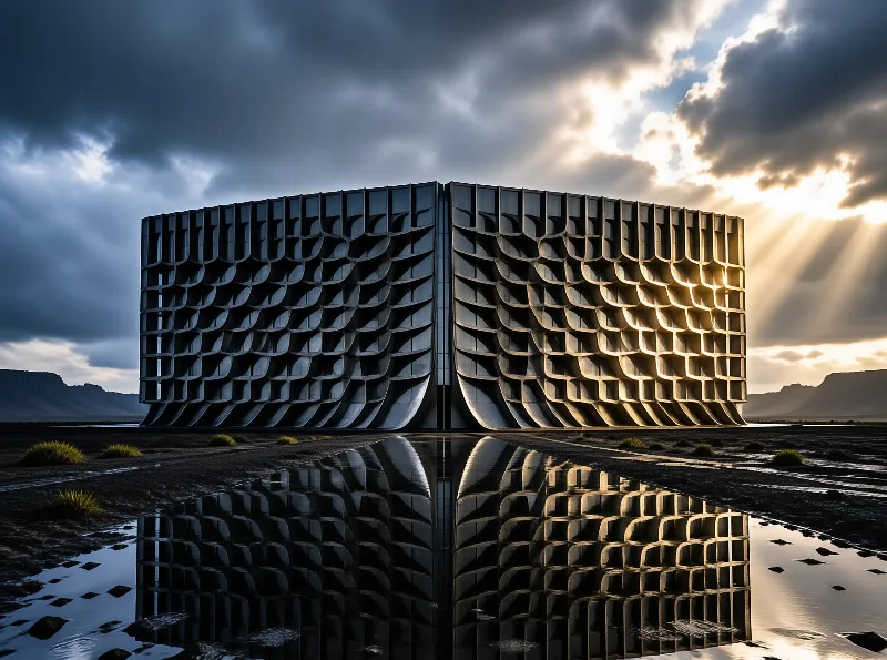 A massive honeycomb building stands symmetrically in a wet landscape under a dramatic sky with sunlight breaking through.