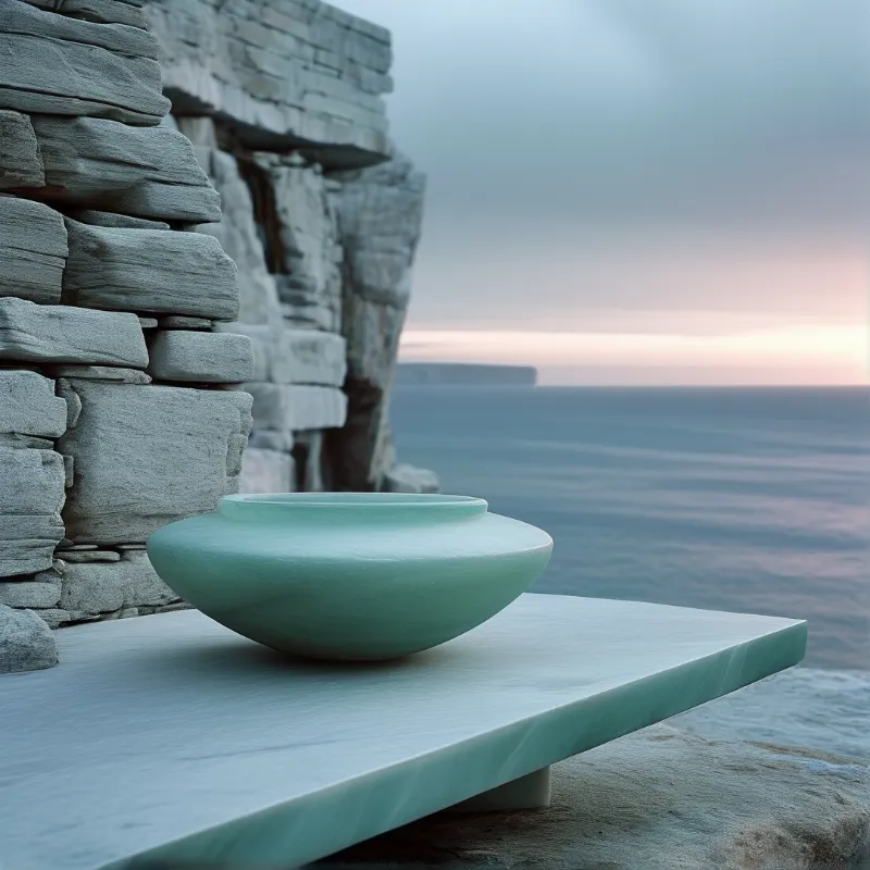 A smooth teal vessel rests on a flat stone surface beside a rough rock wall, overlooking the ocean under a twilight sky.