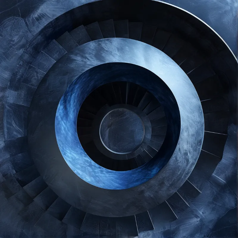 Top-down view of spiral staircase with concentric steps descending to dark center under soft blue lighting.
