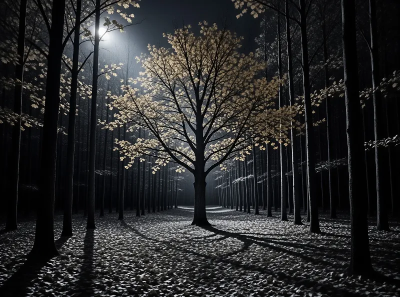 Illuminated Tree in Dark Forest