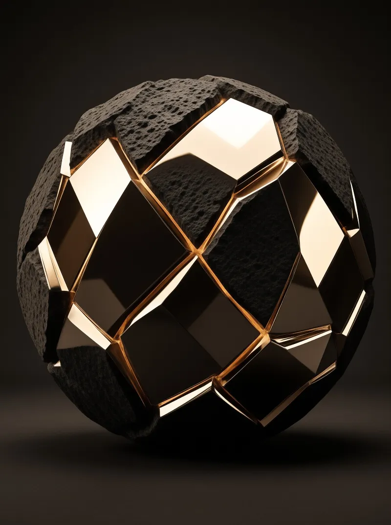 A dark sphere made of rough porous volcanic stone with smooth black reflective panels outlined in gleaming gold