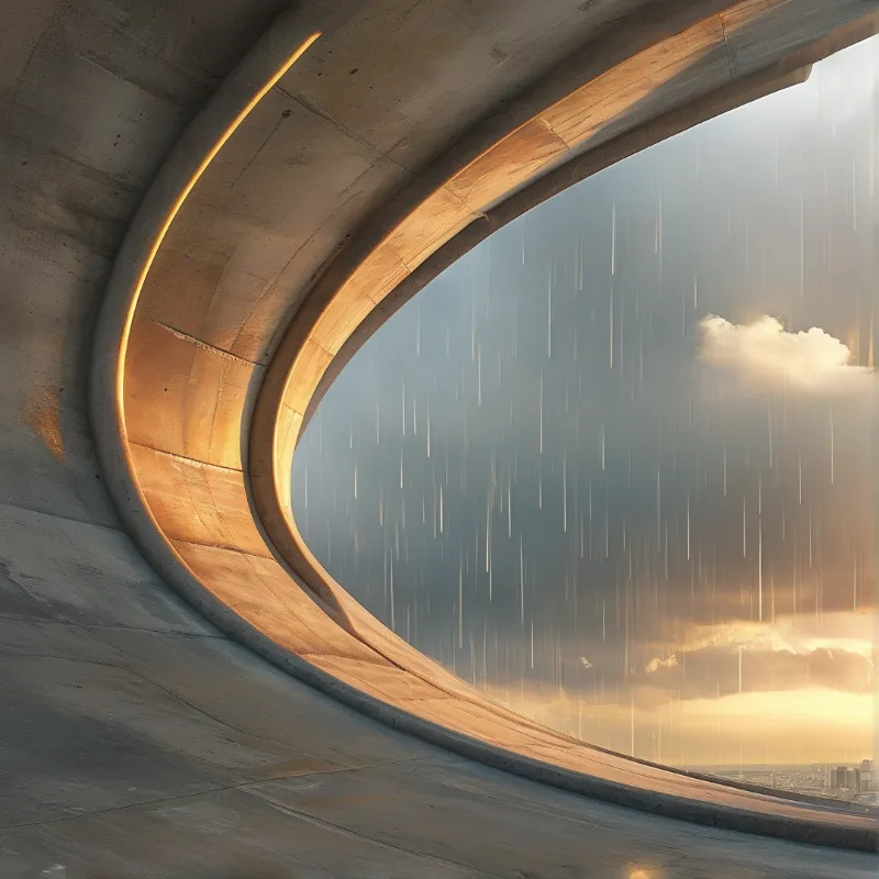 A massive curved concrete structure frames a view of falling rain and clouds illuminated by warm sunlight near the horizon.