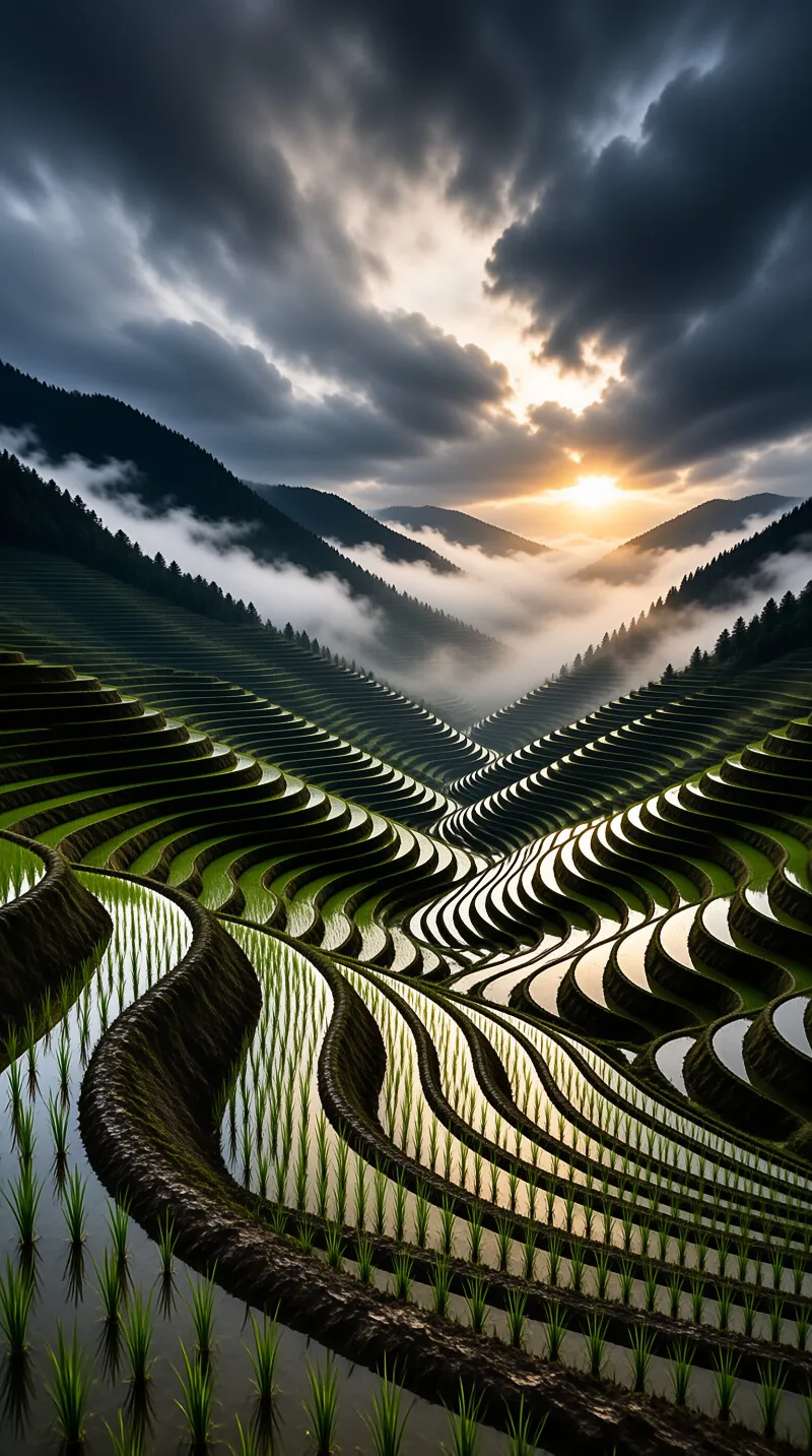 Terraced Rice Fields Under Dramatic Skies