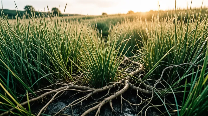 A low angle view captures clumps of green grass with winding roots visible against dark soil under golden sunlight.