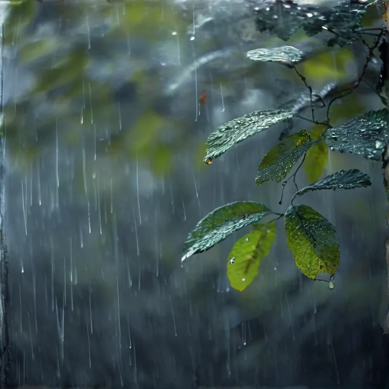 Green and yellow leaves covered in water droplets sit at the right against dim blurred cool blue rain streaked background