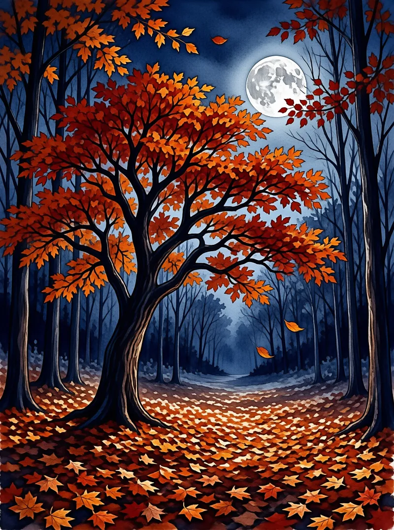 A large tree with bright orange autumn leaves stands beside a winding forest path under a glowing full moon.