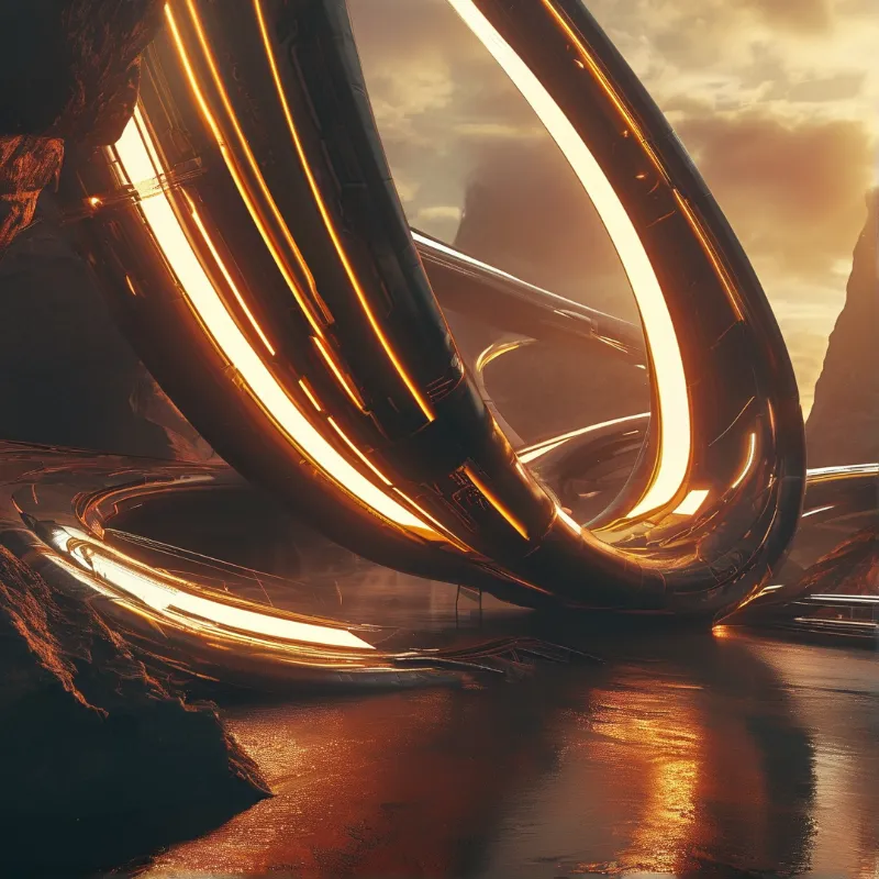 A large metallic structure with bright glowing tubes is set in a rocky desert landscape under a cloudy sunset sky.