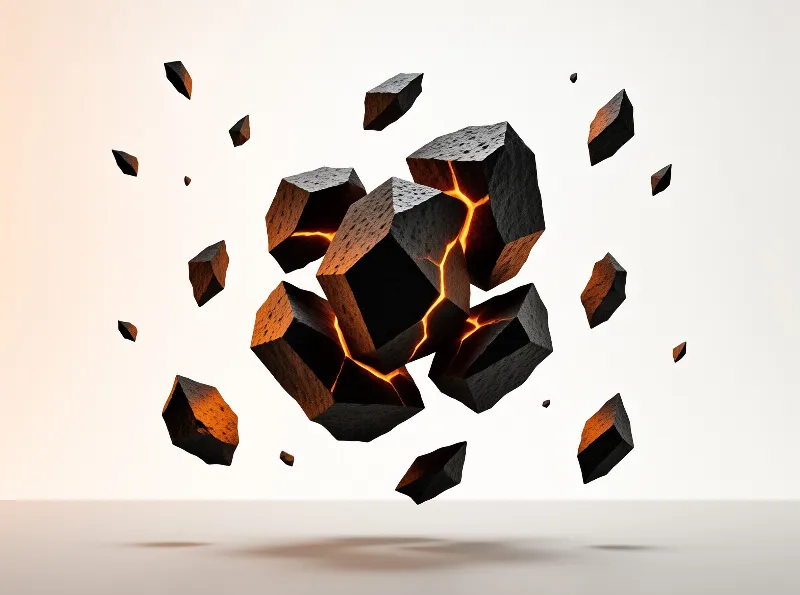 Dark porous stone blocks drift apart in midair revealing molten orange veins glowing along their fractures