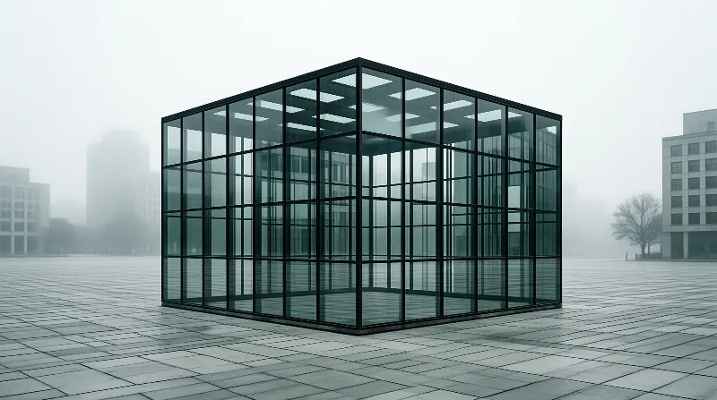 A mirrored glass pavilion stands alone on a stone plaza as dense fog dissolves the city towers.