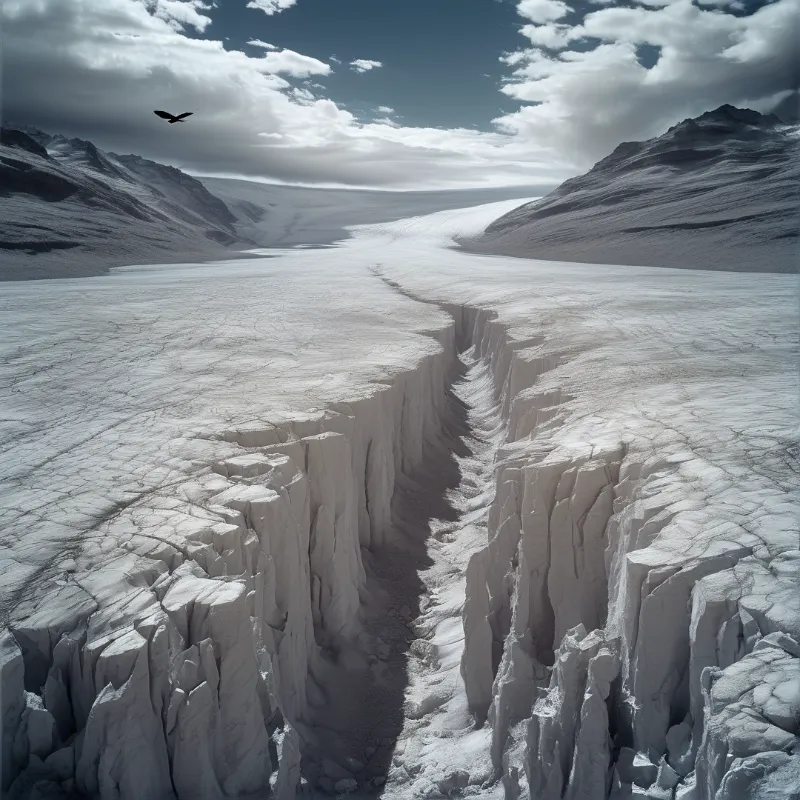 A vast white glacier features a deep central crack surrounded by distant mountains and a cloudy sky.