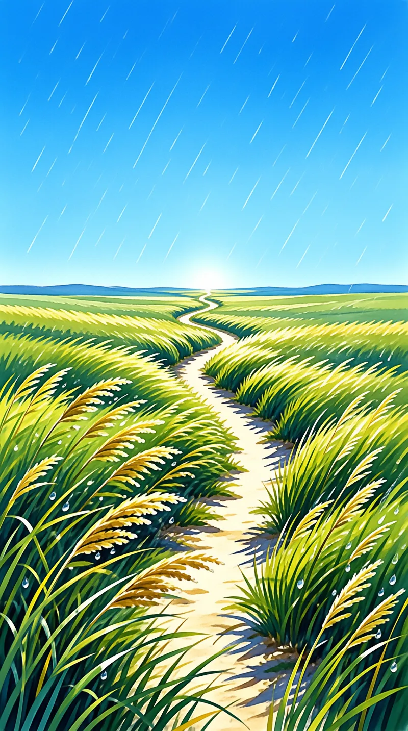 A curving sandy trail leads through tall green grass towards a bright horizon while streaks of rain fall from a blue sky.