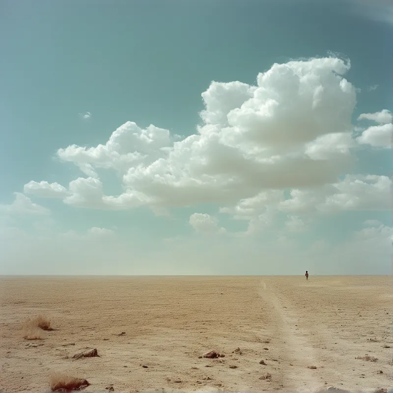 A tiny person walks alone across a wide sandy plain beneath a sky filled with massive white cumulus clouds.
