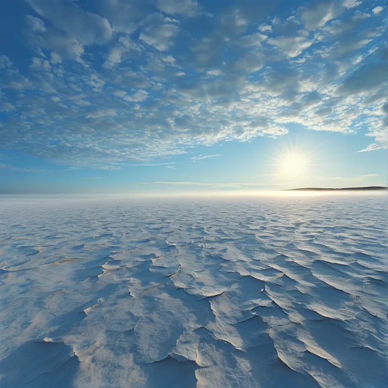 Vast cracked salt flat stretching toward the horizon beneath a blue sky filled with scattered clouds.