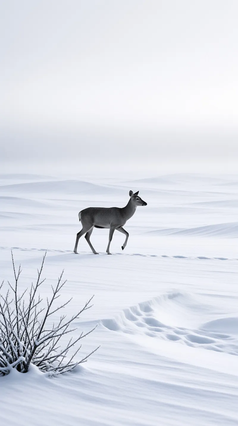 A lone deer strides across wind-sculpted snow drifts beneath a pale overcast sky with bare branches in the foreground.