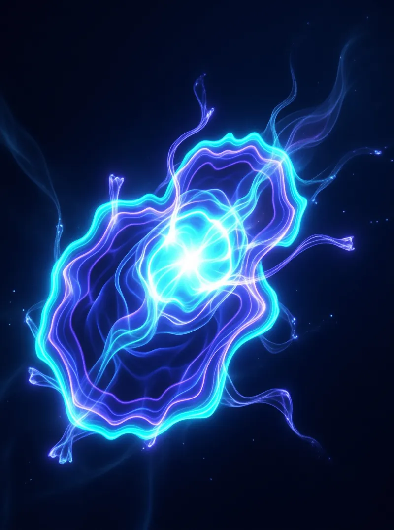 Bright cyan and purple plasma filaments swirl around an intense white core against a starry black background.