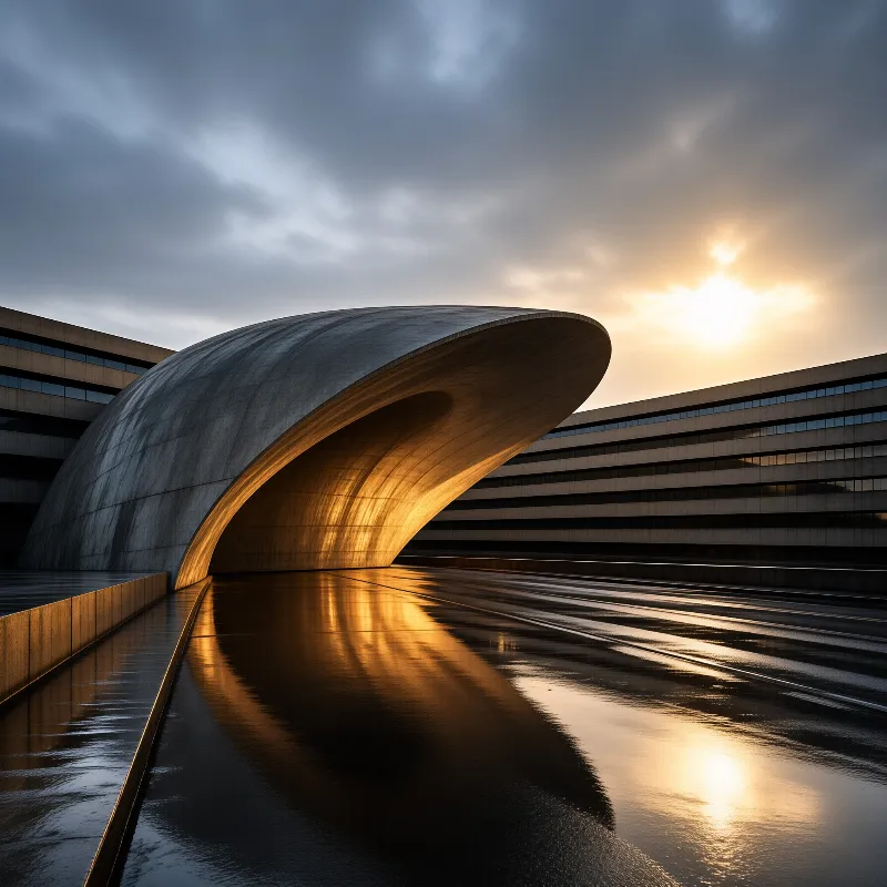 A sweeping curved concrete canopy glows in warm sunset light and mirrors on the wet plaza floor.