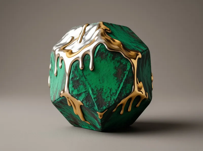 A green faceted stone rests on a gray surface with liquid gold and silver melting from its top edge.