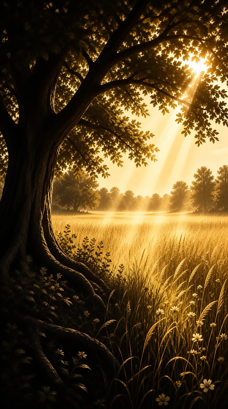 Golden rays stream through a broad tree canopy onto tall grass dotted with white daisies.