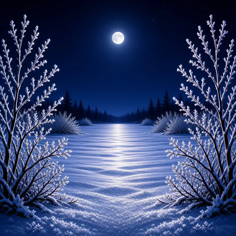 A full moon hangs above a dark forest while frosty trees frame a shimmering reflection across the snow.