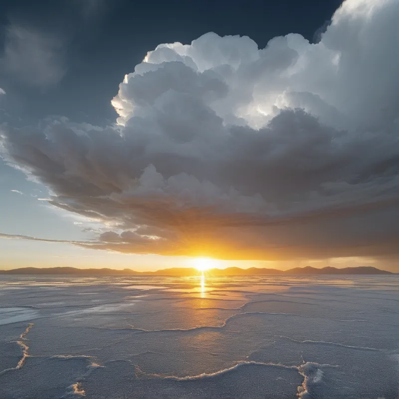 Cracked salt flats reflect the setting sun beneath towering clouds and distant mountain silhouettes.