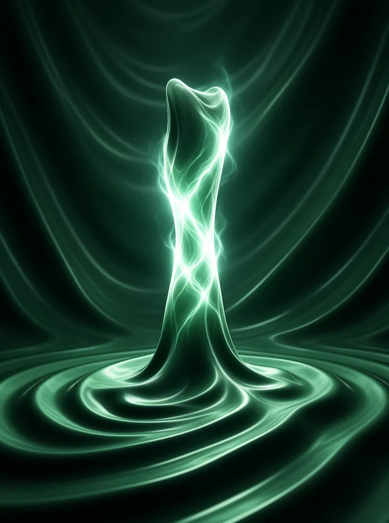 A vertical shaft of bright green light emerges from a rippling dark surface surrounded by swirling energy waves.