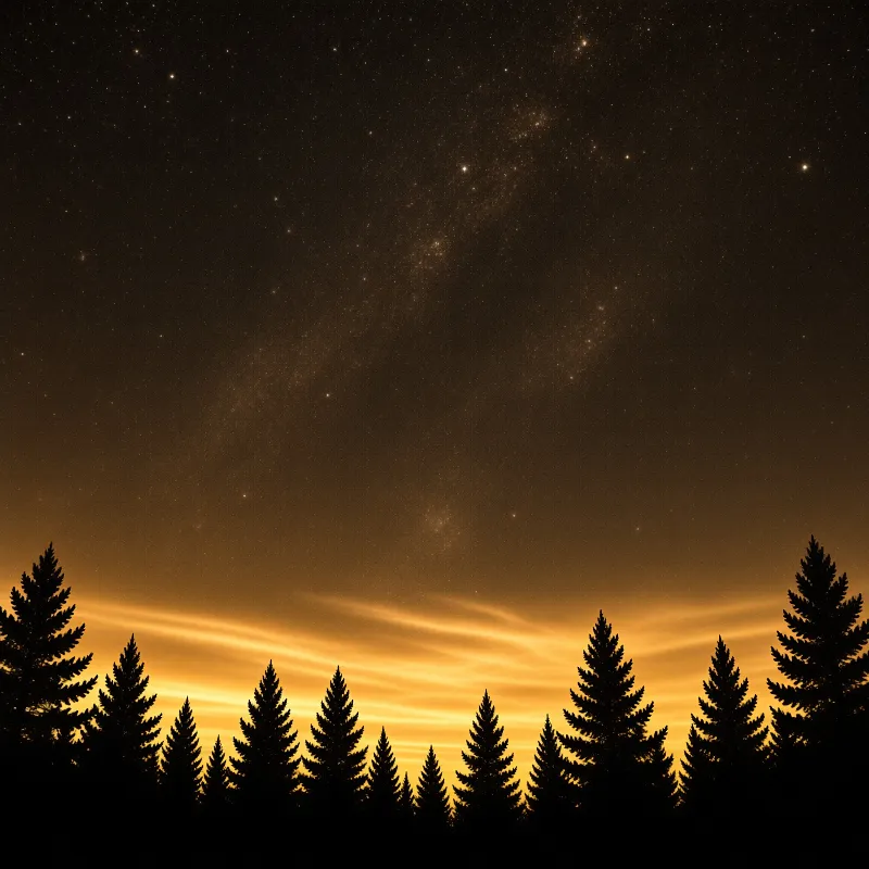 A dark row of conifers stands against a night sky glowing amber with stars and the Milky Way.