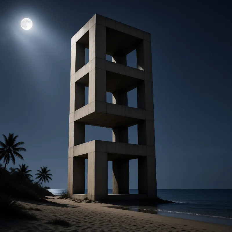 A hollow concrete tower stacks open frames above a night beach while a bright moon silvers the calm sea.