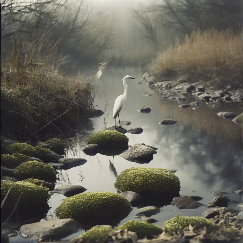 A lone egret in profile rests on a stone in still water while mist softens the bare trees behind it.
