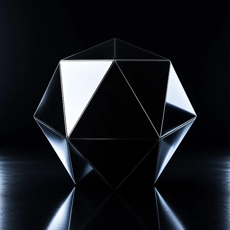 A polished multifaceted metal polyhedron rests on a dark reflective surface its facets catching soft white studio light.