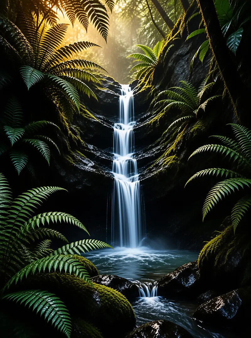 Sunlit Forest Waterfall