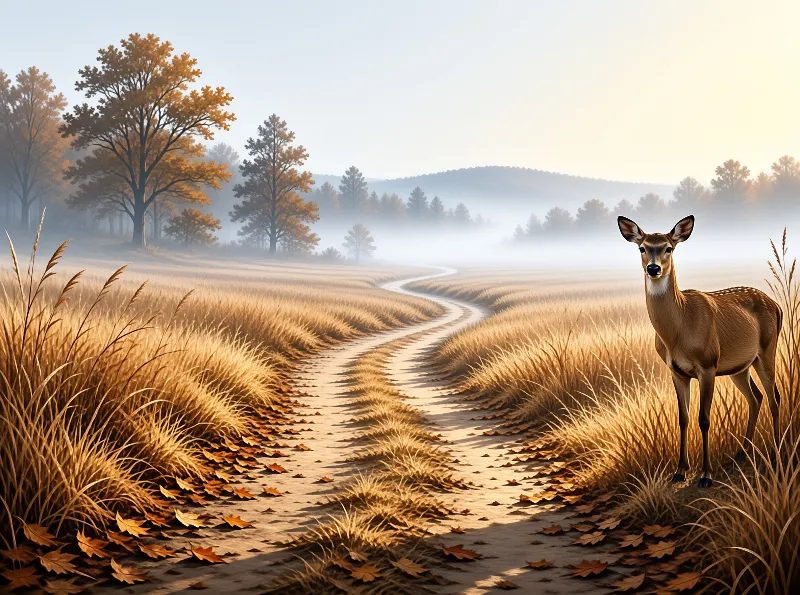 A spotted deer stands beside a winding dirt path in a sunlit autumn meadow with foggy hills.