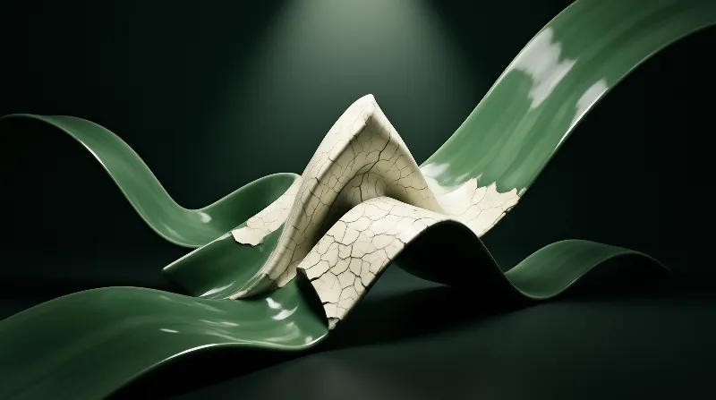 A glossy green ceramic ribbon twists through a dark space revealing cracked white pottery underneath.