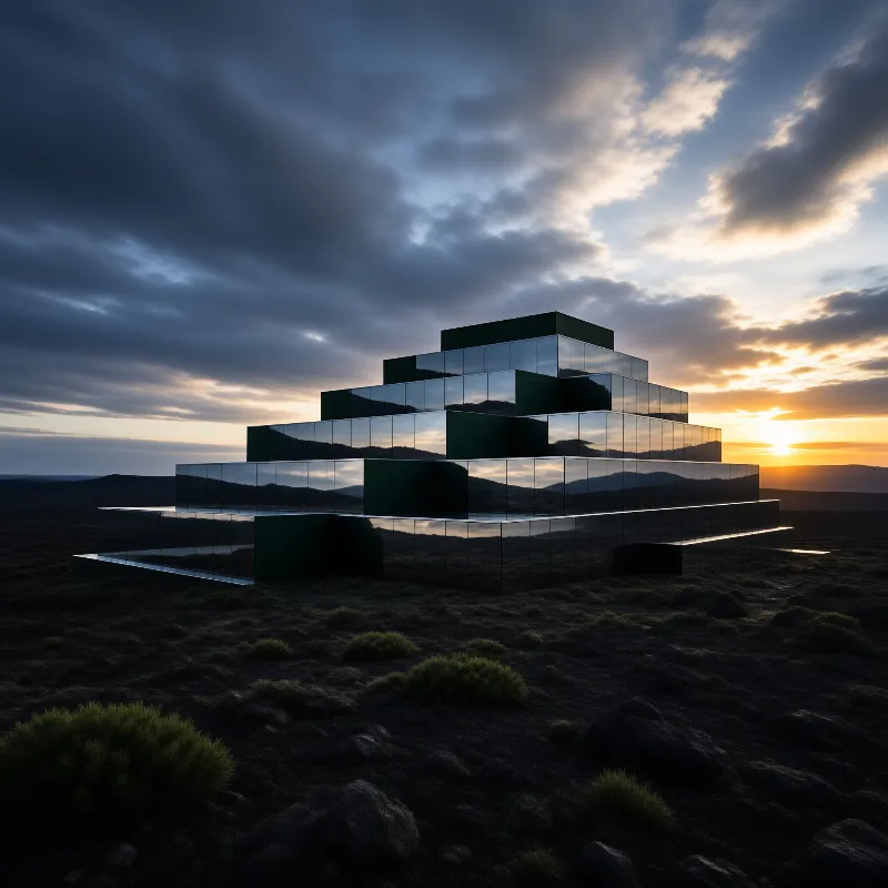 A stepped glass structure reflects the sunset sky on a barren rocky landscape surrounded by dark clouds.