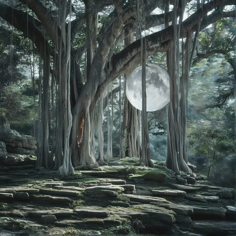A large moon hangs within the dense canopy of massive banyan trees. Mossy stone steps lead through the shadowy forest.