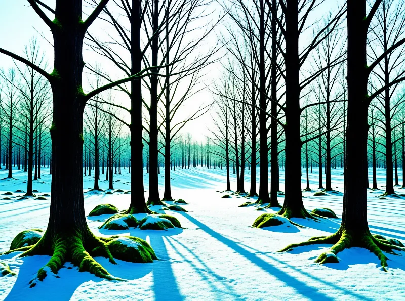 Leafless trees stand in rows across a snowy field with green moss on their roots casting long blue shadows.