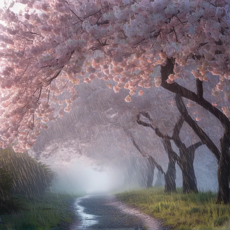Rainy Cherry Blossom Path