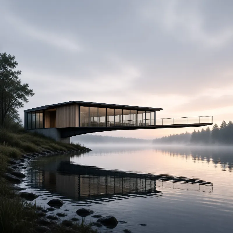 Modern Lake House at Dawn