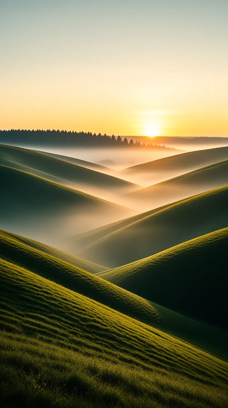 Undulating grass hills filled with low fog as sunlight breaks over a distant treeline horizon.