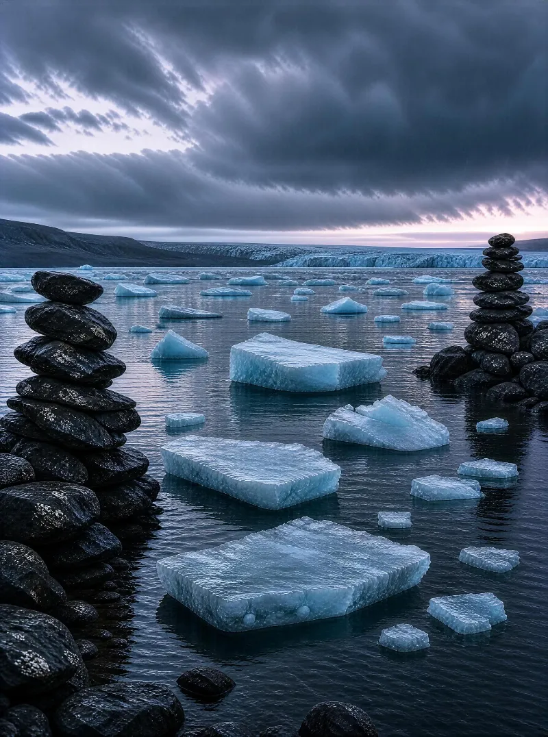 Stacked black stones frame a glacier lagoon dotted with icebergs under a dramatic sky with soft blue hour light