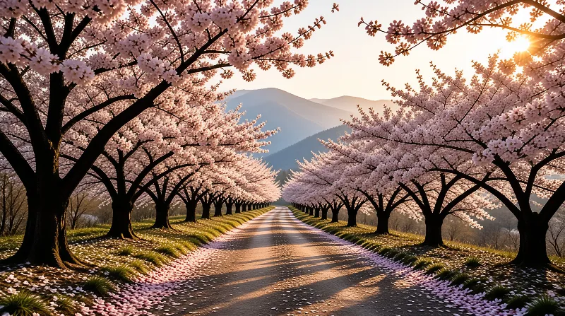 A long straight road is flanked by blooming cherry trees with pink blossoms, while fallen petals carpet the ground and morning sunlight casts long shadows across the path towards distant misty mountains.