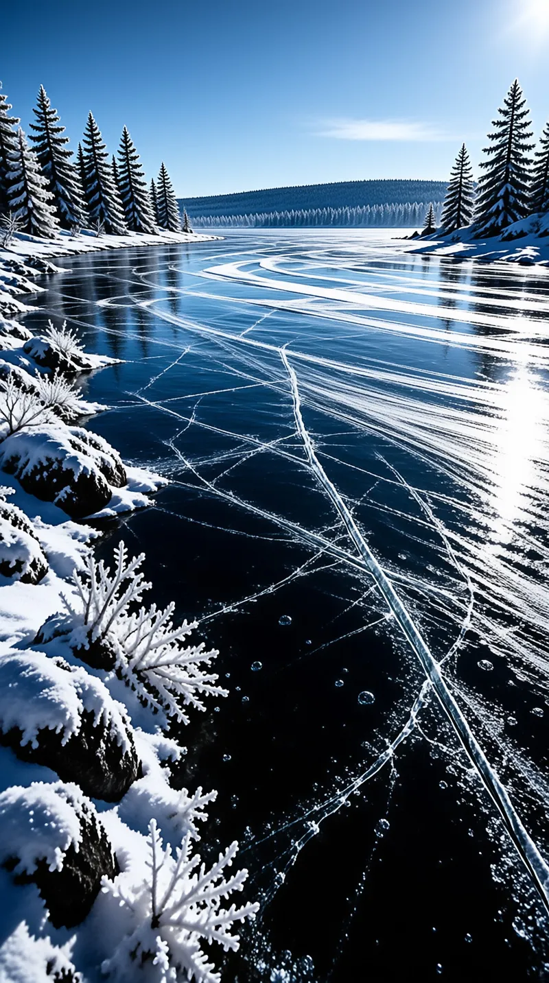 A frozen lake surface shows white cracks against dark blue ice, bordered by snow-covered evergreens under a clear sky.