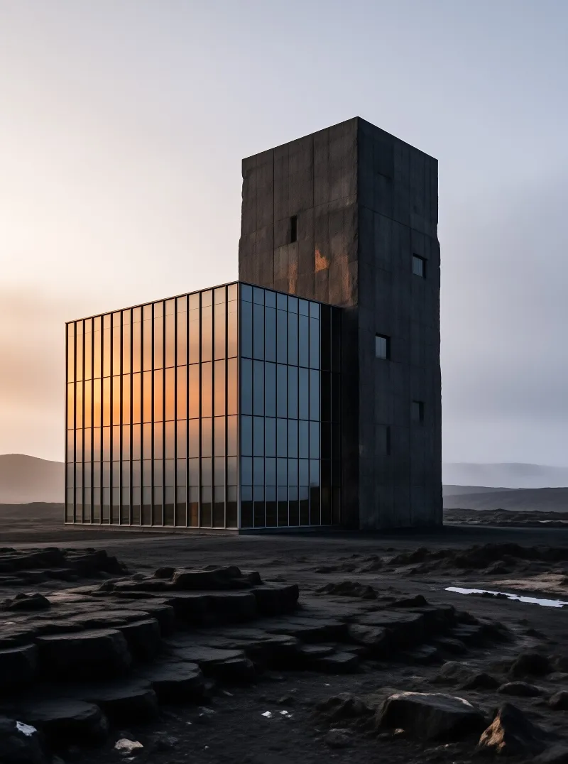A modern building with a tall raw concrete tower and a golden reflecting glass wall sits isolated on a dark rocky plain.