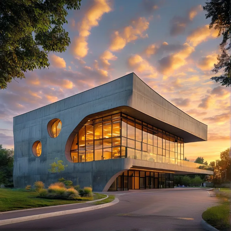 Angular concrete architecture with illuminated glass panels sits beside a curving road under an orange sunset sky.