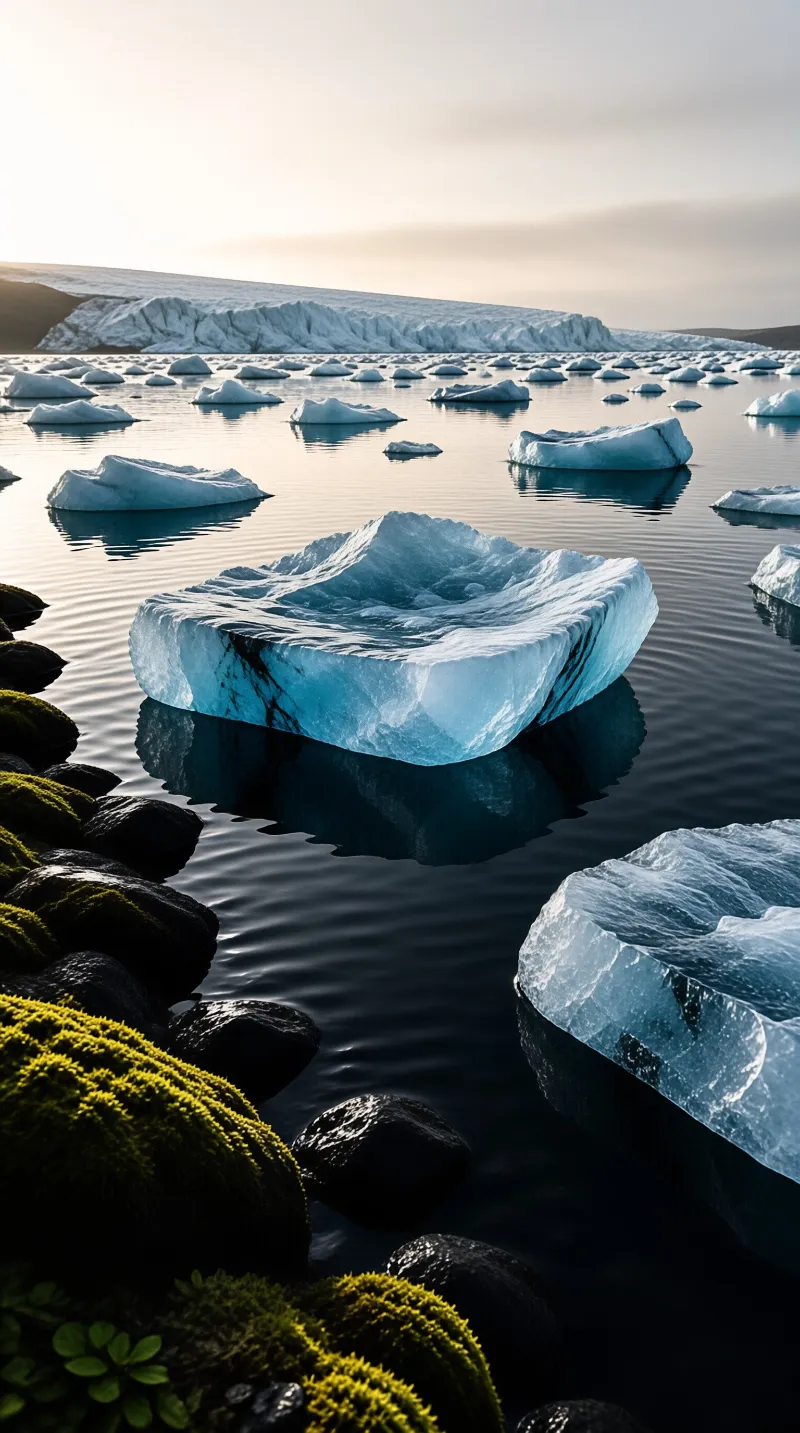 Translucent blue ice blocks rest on dark mirror calm water beside moss covered volcanic rocks under a pale arctic sky.