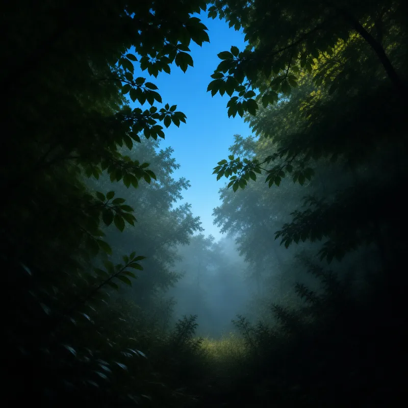 Overhanging leaves frame a misty woodland scene revealing tall trees fading into haze beneath a bright blue sky.