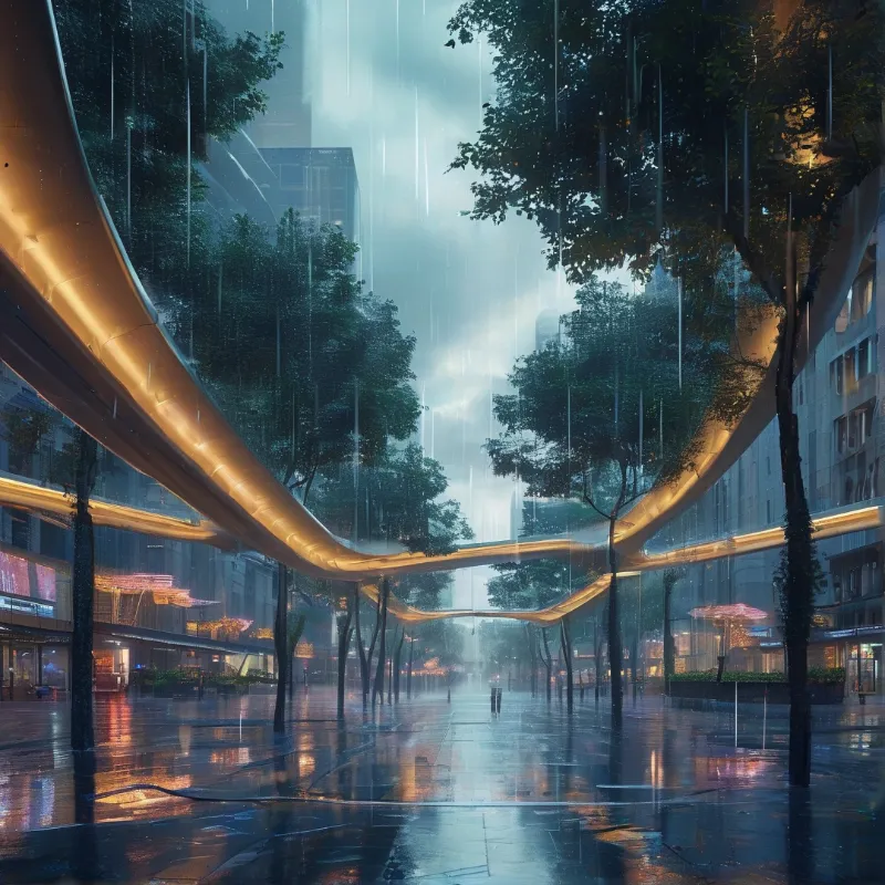 Curved glowing walkways span a rainy urban tree lined street, their warm amber light casting reflections on the wet pavement.
